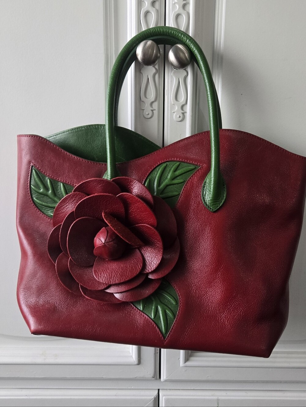 Pijushi Red Leather Tote with Green Handles and Floral Applique